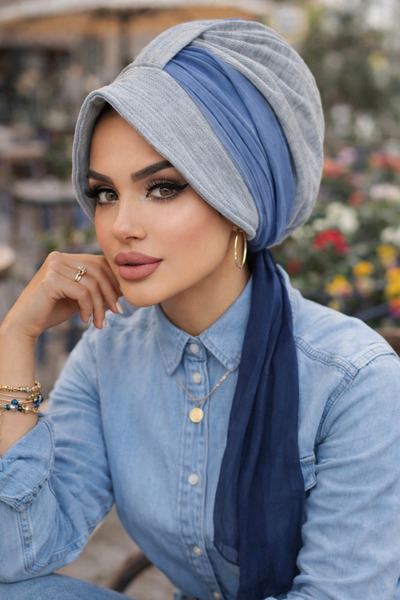 Aişe tesettür Siva tamnoplava batik kapa sa šeširom i šiltom