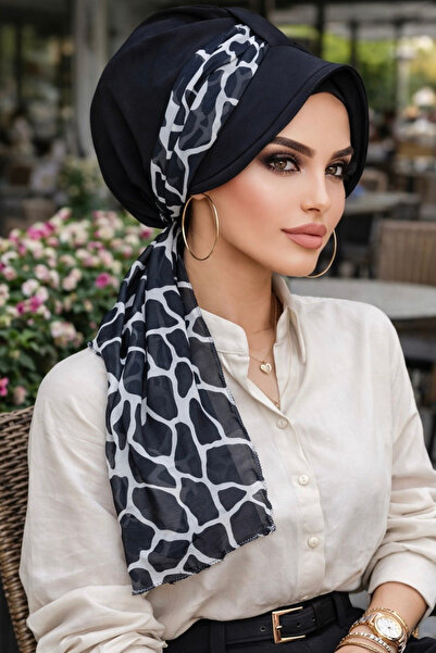 Aişe tesettür Siyah Mermer Şapkalı Bone