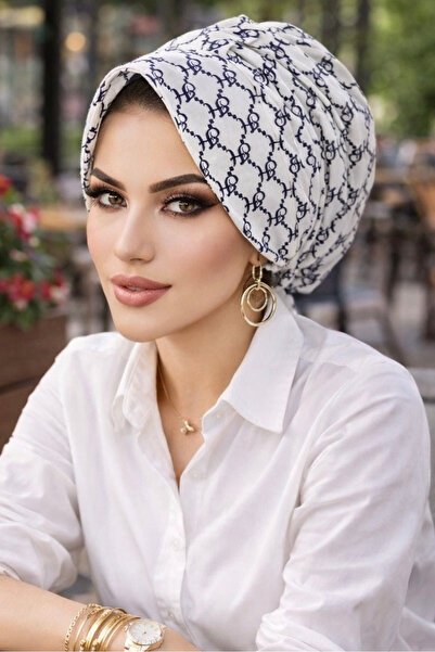 Aişe tesettür Lacivert Beyaz Hat Desenli Şapka Bone