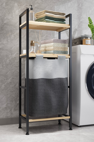 Bino Çamaşır Sepeti Ahşap Raflı Kirli Sepeti 2 Katlı Büyük Boy Kapaklı Çok Am...