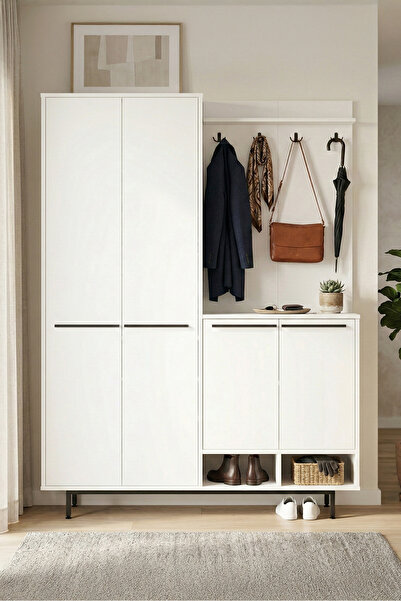 Yurudesign Oasis Portmanto Vestiyer Ayakkabılık Metal Ayaklı Beyaz