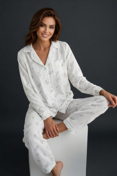 DOFİ Dofi γυναικείο σετ πιτζάμες με λευκό σχέδιο με μακρύ μανίκι, κουμπιά, ύφ...