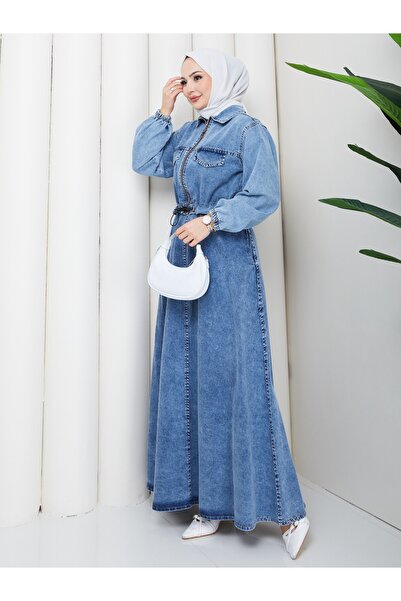 ELBİSHE Women's Zipper Detailed Crop Jacket & Elastic Waist Denim Skirt Two-P...