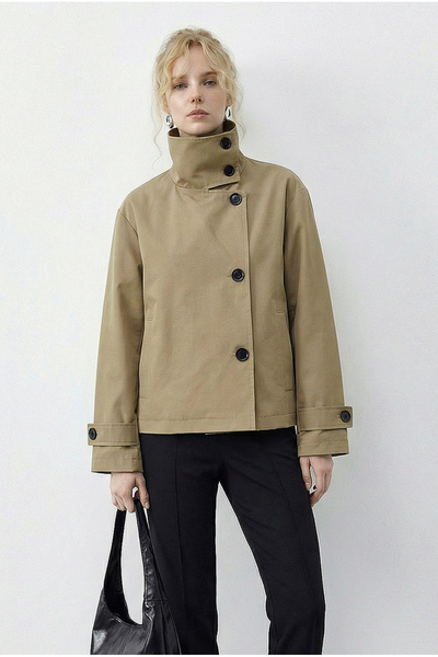 Bianco Lucci Women's Mock Neck Lined Pocket Detail Short Trench Coat 2081 602...