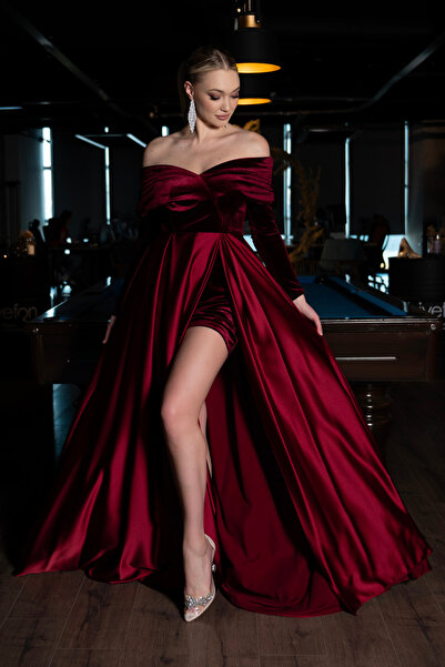 Abiyefon Bordo Kadife Uzun Kol Tafta Abiye Elbise Abu2083