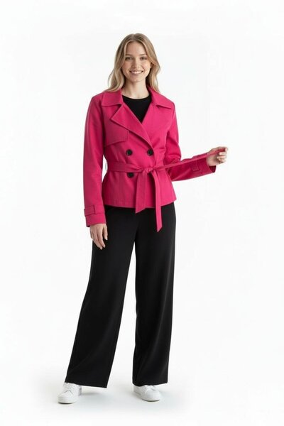 Raneel Kazançlı Alışveriş Lined women's short belted trench coat pink