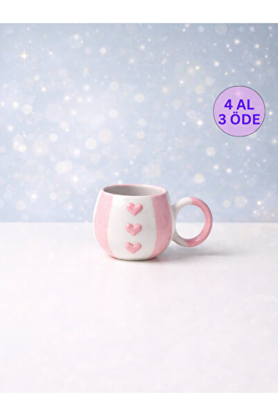 KYA CERA Pembe Şeritli Pembe Kalp Kabartmalı Tekli El Yapımı Kupa
