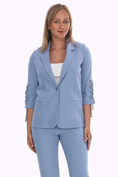 WHİTE DİAMOND Kadın Buz Mavi 3/4 Kol Kuşgözü Detaylı Blazer Ceket Pantolon Takım