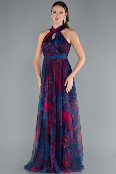 Abiyefon Petrol Yeşili Uzun Çicekli Abiye Elbise ABU674