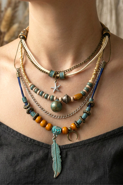 PETEK AKSESUAR Etnik Bohem Tüy Hilal Çoklu Tasarım Kolye