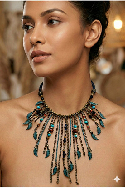 PETEK AKSESUAR Etnik Bohem Zincirli Tüy Uzun Tasarım Kolye