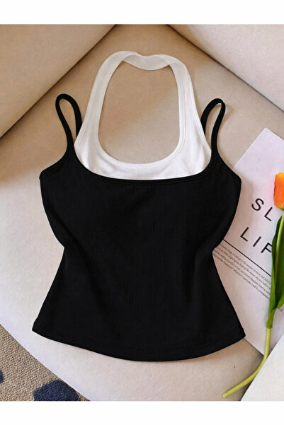 Keywest Women's Halter Neck Double Color Strap Crop Blouse