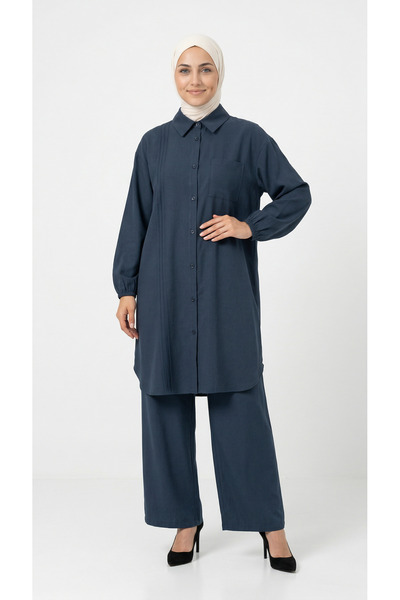 MİHRA STORE Σετ πουκάμισο με μία τσέπη και μακρύ παντελόνι Akel - MF603 Ναυτι...