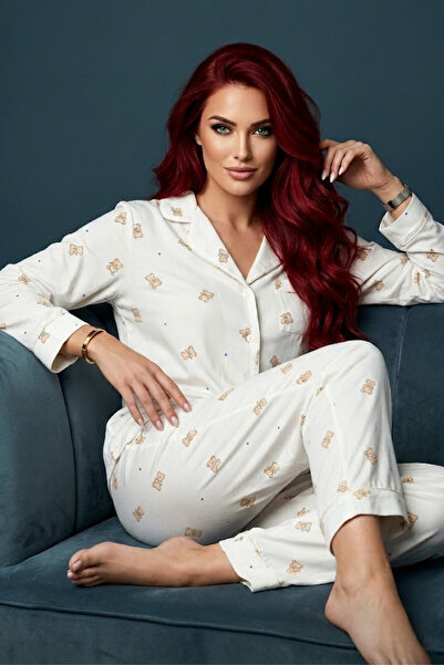 DOFİ Дамски комплект пижама в цвят екрю с лунен мотив – с дълги ръкави, копче...