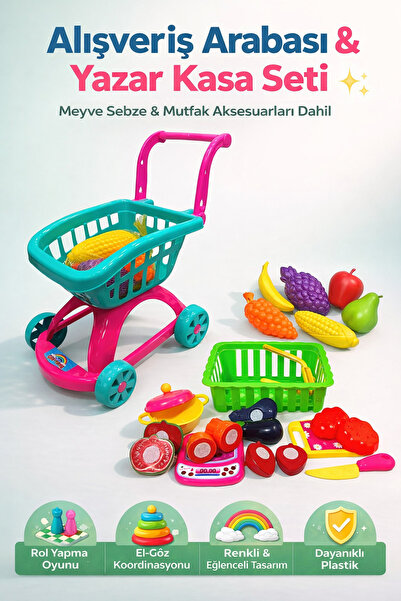 YILDIRIM OYUNCAK Market Arabası File Meyve Sebzeler 45 cm - Sepetli Kesilebil...