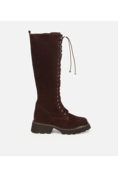 Hotiç Kadın Süet Deri Kahverengi Bağcık Detaylı Düz Çizme