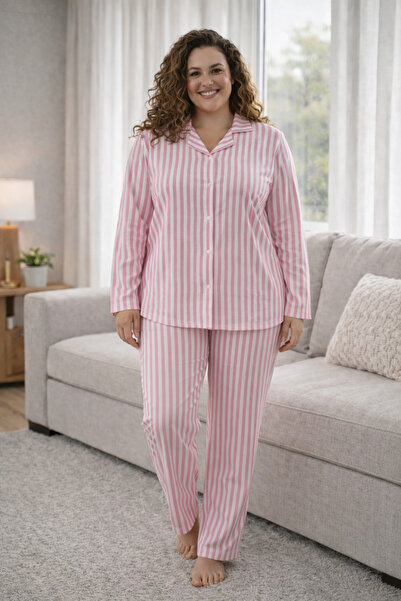 Bravie Σετ πιτζάμες με μαλακή υφή από σουέτ, μεγάλο μέγεθος, 7210 ροζ ριγέ