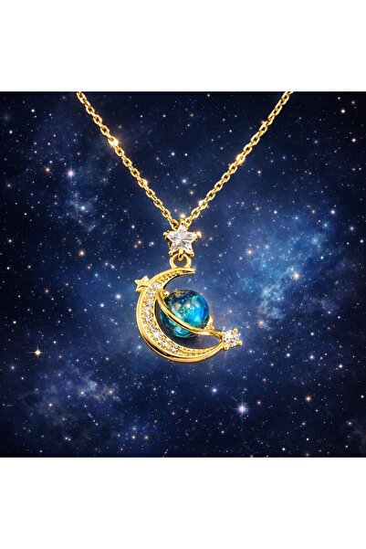 Two Two Premium Moon & Star Planet Figured Steel Necklace – Shiny Stone Detai...