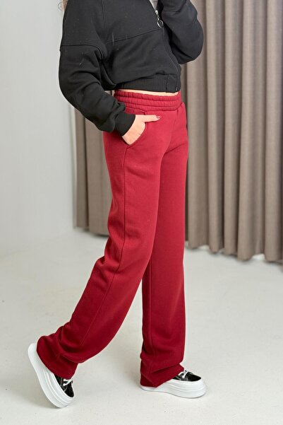 Raneel Kazançlı Alışveriş Women's elastic waist and leg 3-thread sweatpants red