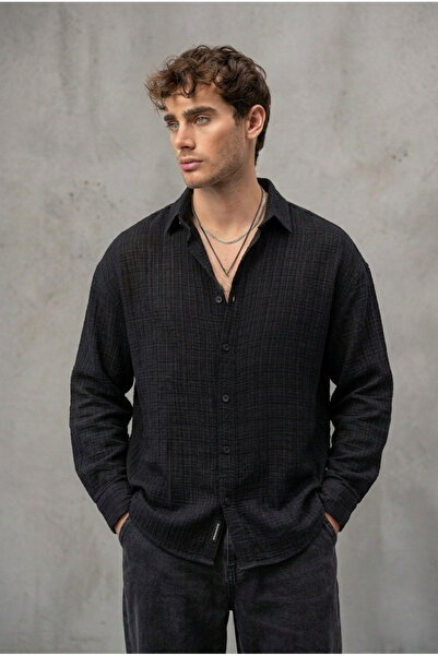 Valiberta Bien Ανδρικό πουκάμισο από βαμβακερό λινό - Μαύρο