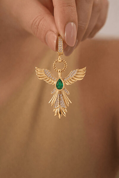 YAVUZ KUYUMCULUK 14 Ayar Altın Yeşil Taşlı Altın Anka Kuşu Kolye Ucu