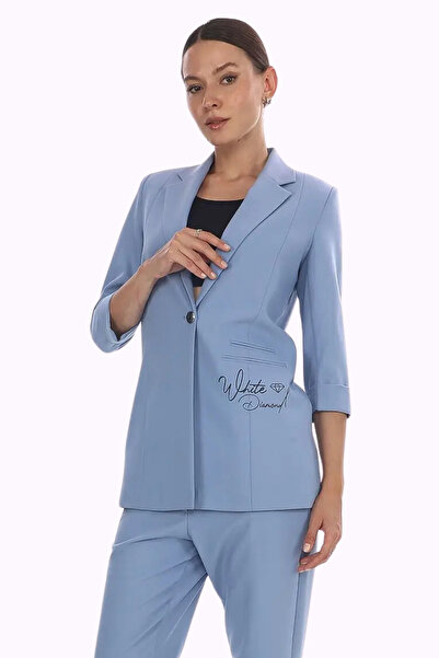 WHİTE DİAMOND Kadın Buz Mavi Cep Baskı Detaylı 3/4 Kol Blazer Ceket Pantolon ...