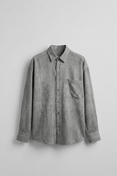 ablukaonline Erkek Dokulu Desenli Oversize Rahat Gömlek Gri