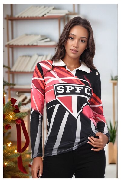 Cotton Mood 8515150 بلوزة رقمية مطبوع بياقة بولو وأكمام طويلة باللون الأسود-إكرو