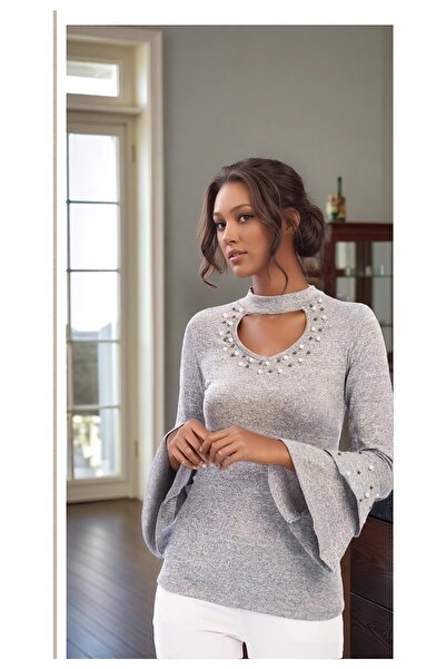 Cotton Mood 8490960 Yumoş Yakası Kolu İncili Volanlı Bluz GRI