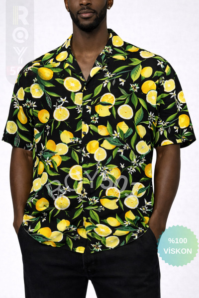 ROY501 Men's Short Sleeve Shirt Lemon Pattern Short Sleeve Shirt Summer Shirt...