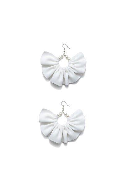 maia Women's Silver Color Hoop Dangle Earrings – White Fabric Pearl Design