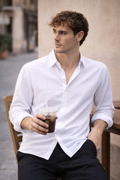 Valiberta Ανδρικό πουκάμισο Pera Fabric Linen Look Half Oversize μακρυμάνικο ...