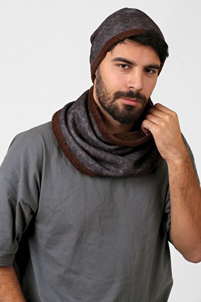 HAMUR Smeđa muška beretka i ovratnik set od 2 komada Scot Bb-107