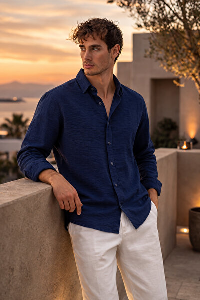 Valiberta Pera Fabric Lan Look Half Oversize kroj Muška košulja dugih rukava ...