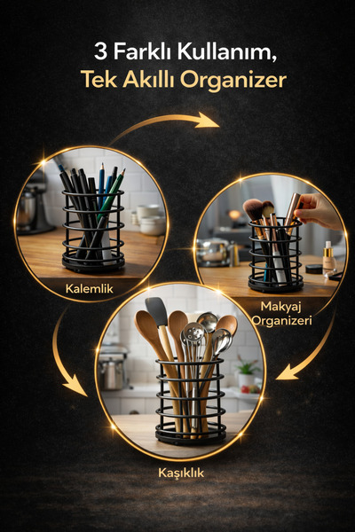Monica Siyah Metal Kaşıklık – Mutfak Tezgah Üstü Organizer-çok amaçlı düzenle...
