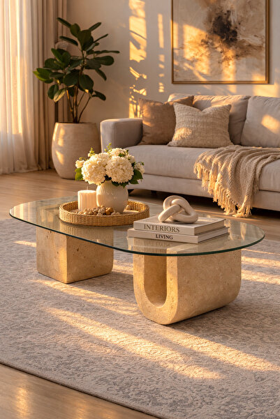 niza dekorasyon DOĞAL TRAVERTEN U AYAK CAM ORTA SEHPA