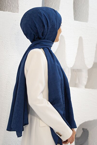 Vissona %57 İPEK %43 PAMUK Monogram Desenli İndigo Renkli Şal - 70x190 Dikiş ...