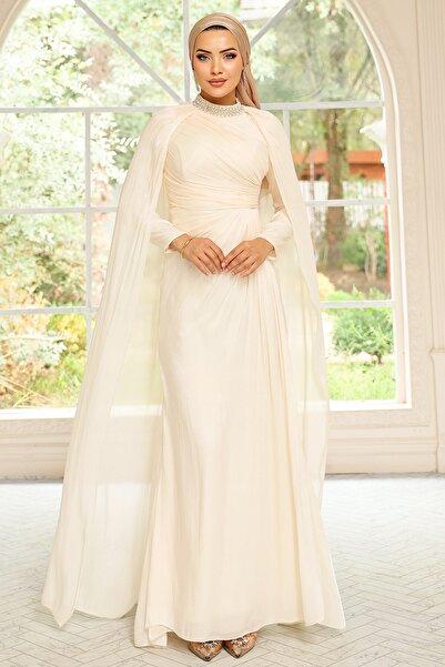 Olcay Yoryo Seiden-Hijab-Abendkleid mit Steindetail am Kragen, CREME 1247