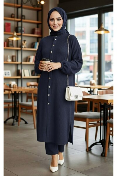 Mercan MÜRŞİDE TAKIM LACİVERT KADIN ÖRME KUMAŞ PANTOLON TUNİK 2'Lİ TAKIM