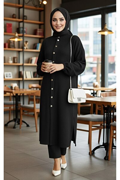 Mercan MÜRŞİDE TAKIM SİYAH KADIN ÖRME KUMAŞ PANTOLON TUNİK 2'Lİ TAKIM