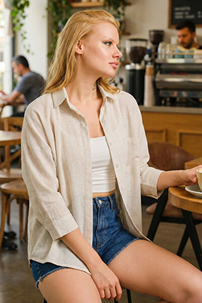 armonika Ženska ležerna košulja od platna u boji ekru sa džepovima ARM-21Y001035