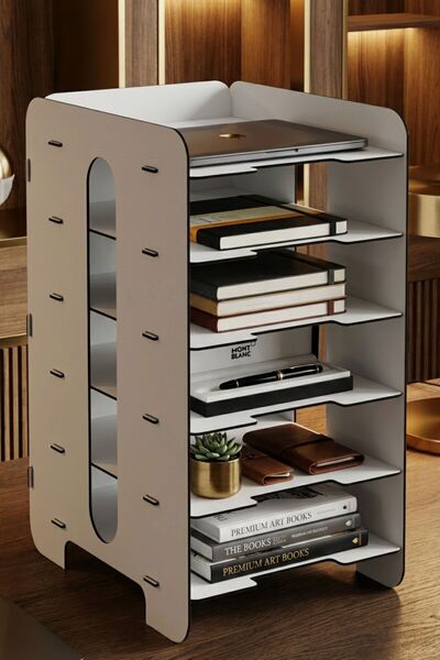 Evene Dosya Düzenleyici Masa Üstü Organizer Ahşap Evrak Rafı Beyaz Renk Model 16