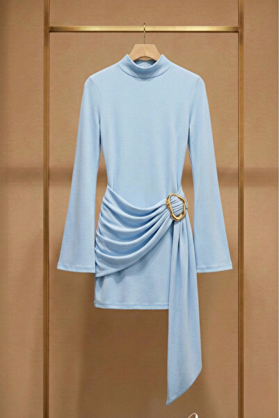 PASTELASTORE Buckle Detail Belted Mock Neck Mini Women's Dress