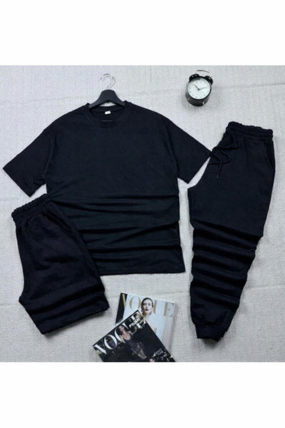 SAAT TEKSTİL Unisex Yazlık Eşofman+şort+ tişört Kombini baskısız siyah