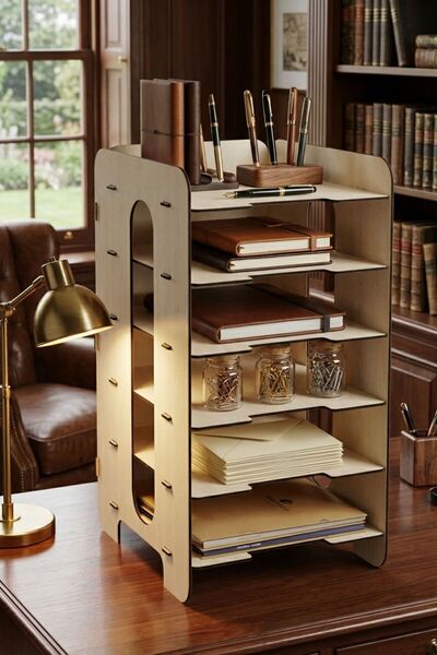 Evene Dosya Düzenleyici Masa Üstü Organizer Ahşap Evrak Rafı Açık Bej Renk Mo...