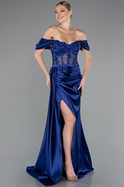 Abiyefon Βραδινό φόρεμα με μακρύ σατέν λαιμόκοψη Navy Blue Stone Abu2087