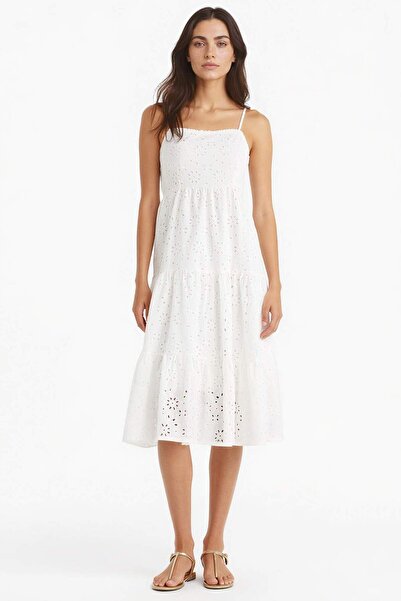 DeFacto فستان متوسط ​​الطول بياقة مربعة من القطن تيري باللون الأبيض F9270AX25SM