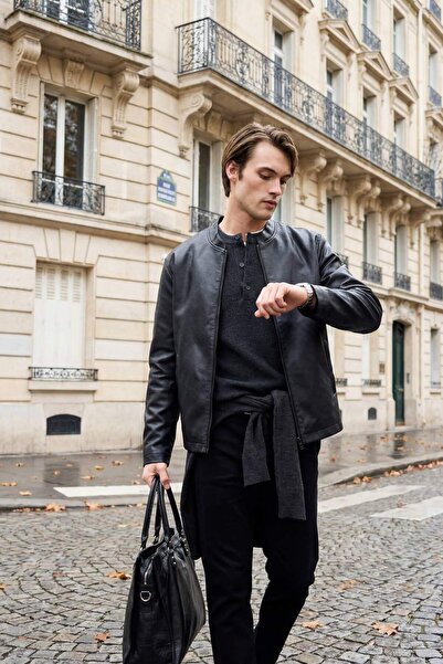 DeFacto Wasserabweisender Kunstledermantel mit Stehkragen und Reißverschluss ...