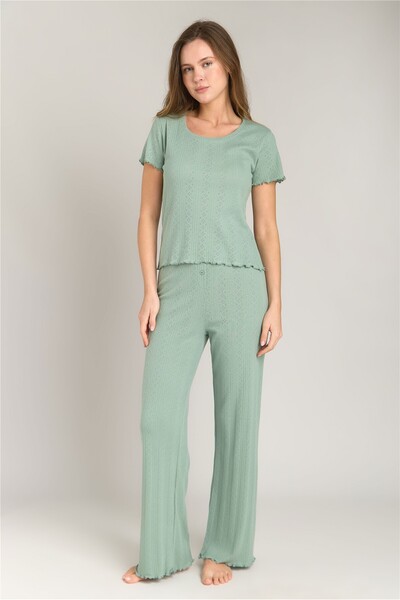 LOVELY THINGS KIMBERLY Pointelle Kısa Kol Tişört Pijama Üstü - Açık Yeşil