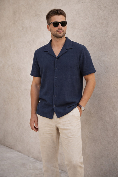 Polo State Cămașă pentru bărbați Waffle texturat Resort, cu guler, croială no...